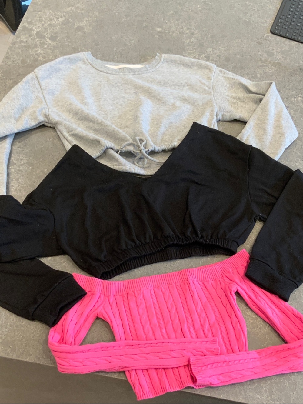 LOT OF 3 Cropped Long Sleeve Tops - Gray, Black & Hot Pink